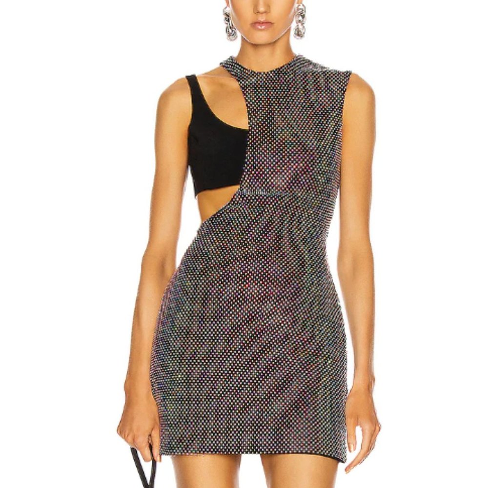 DAVID KOMA Crystal Mesh Overlay Mini Dress